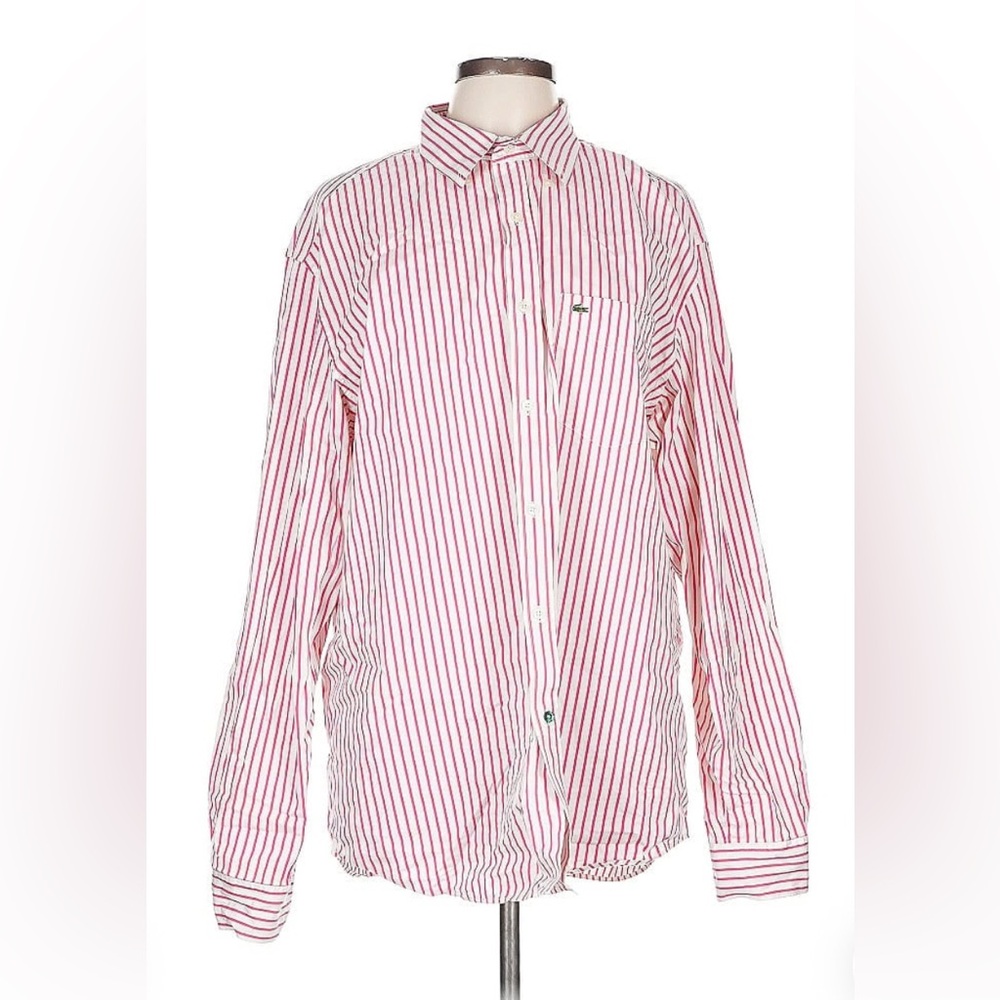 Lacoste Mens Red White Striped Regular Fit Cotton Button Down Shirt Size 44